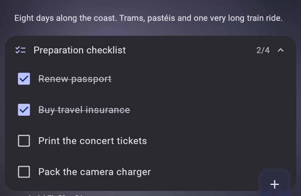 The preparation checklist on a trip in Turistico, showing two of four tasks ticked off: renew passport and buy travel insurance done, print the concert tickets and pack the camera charger still open.