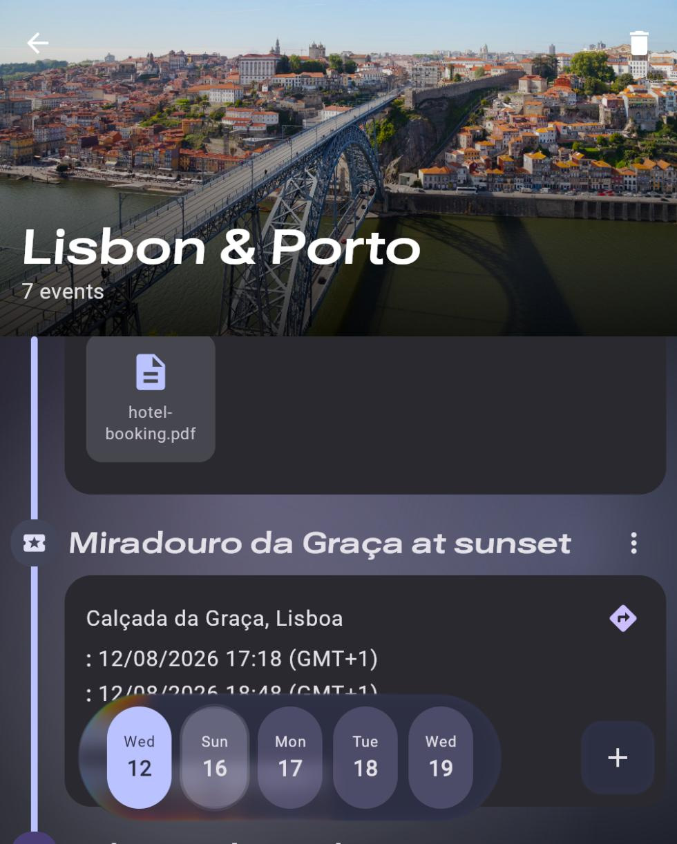 A trip open in Turistico: the Lisbon and Porto timeline, with a booking PDF attached to the guesthouse stay and a sunset viewpoint below it carrying its address and times.